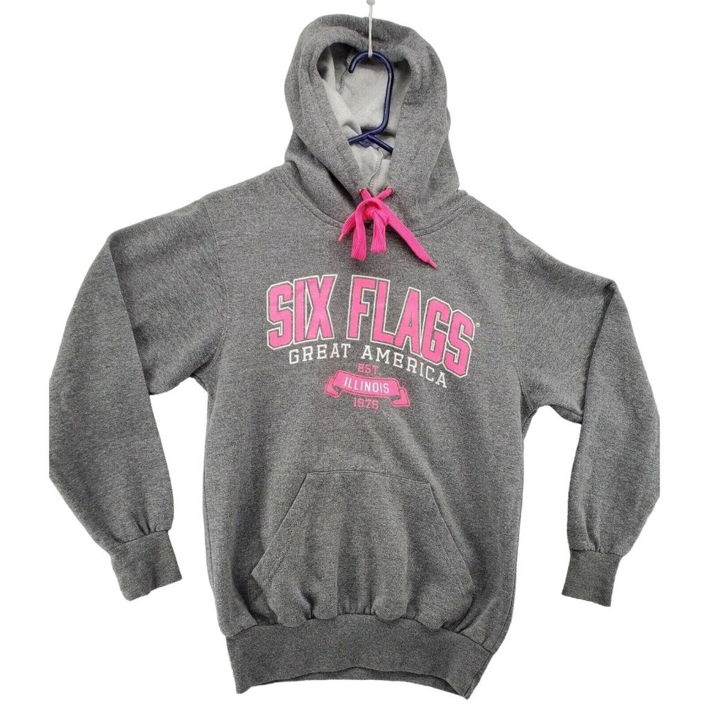 SIX FLAGS Shirt Women's Long Sleeve Cotton Blend Sweatshirt Hooded Grey Small